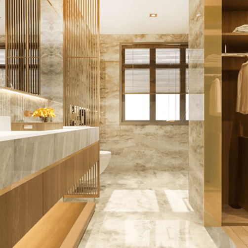 Banheirio planejado com lindo marmore, armário madeirado e com paineis.