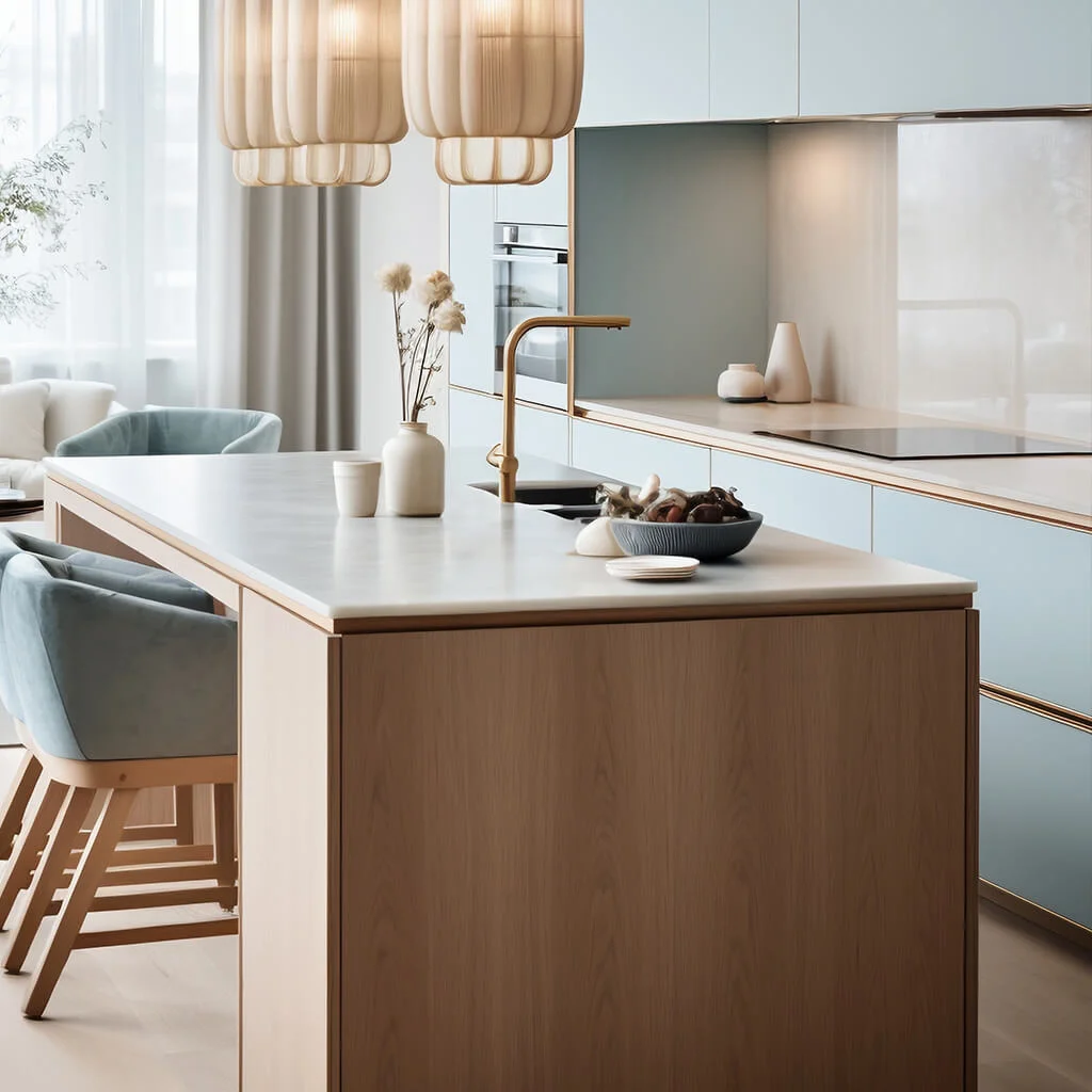 Cozinha moderna minimalista com tons claros.