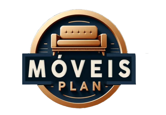 Logo marca da Moveis Plan, empresa especializada em móveis planejados. A logo é formato circular nas cores azul e bege.